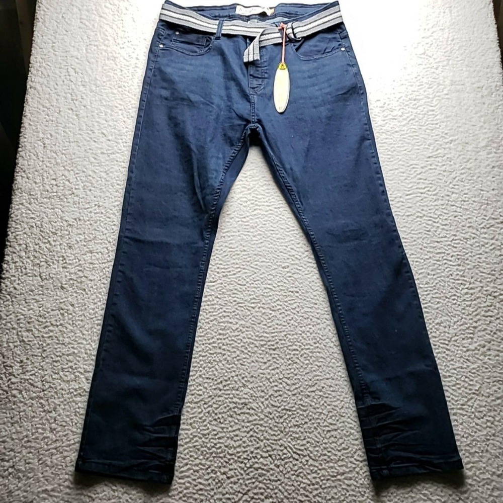 Huntington Skinny Fit Jeans Mens 38x32 Blue Slim Stretch Denim Belted Pants